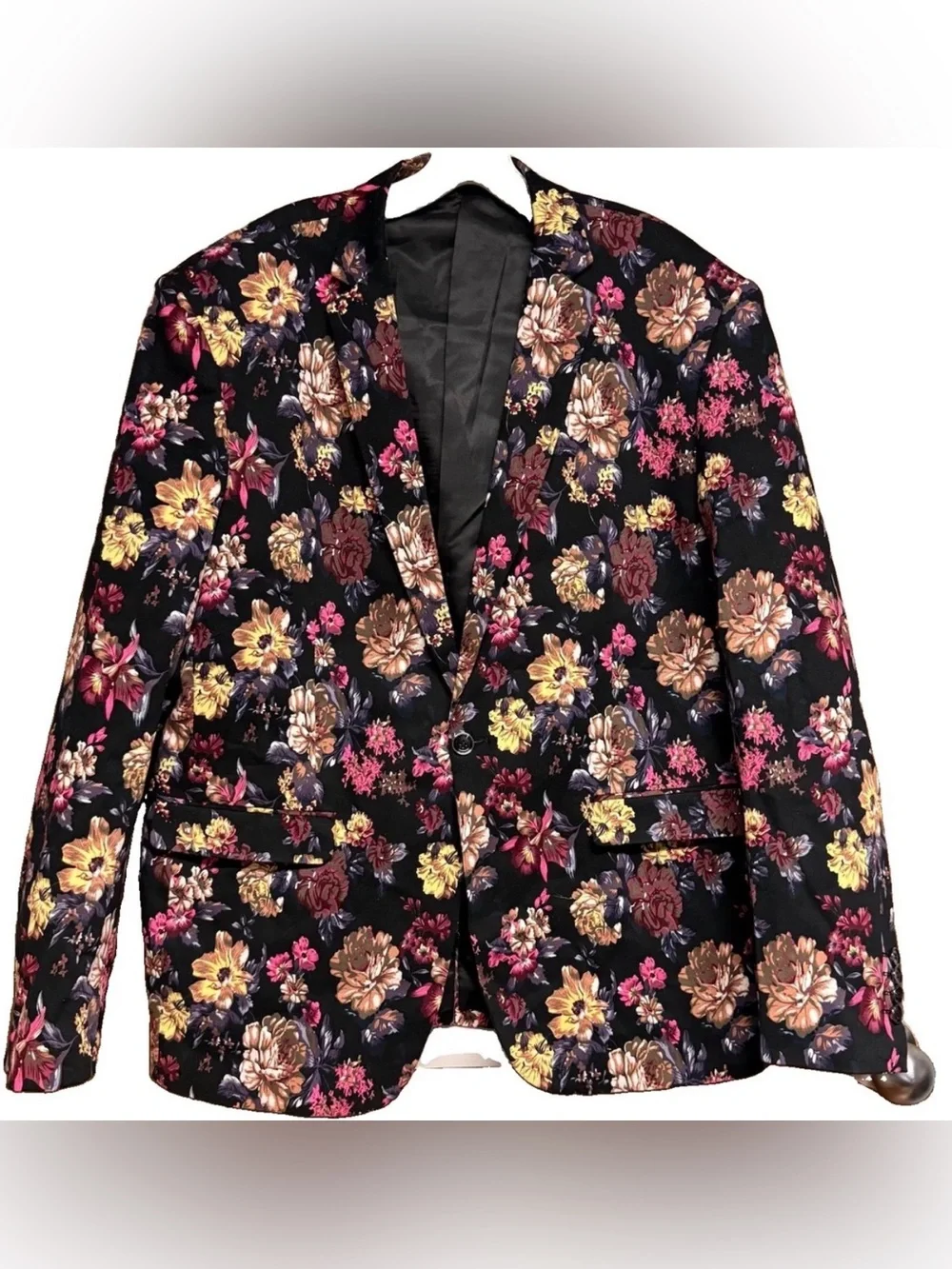 Men’s XL Black Floral Print Blazer Sport Coat Single Button Statement